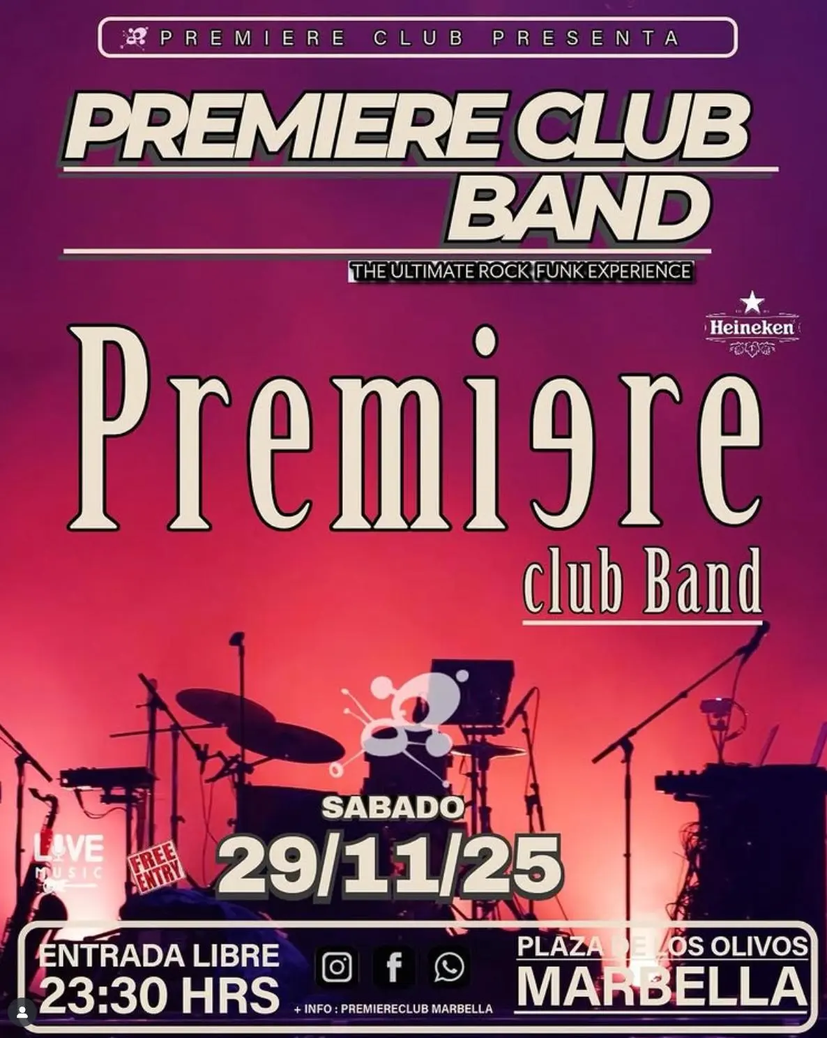 Poster for Premiere Club Band’s concert in Marbella, featuring silhouettes of instruments against a pink-purple background, the text “Premiere Club Band”, the date “29/11/25”, start time 23:30, free entry and location at Plaza de los Olivos.