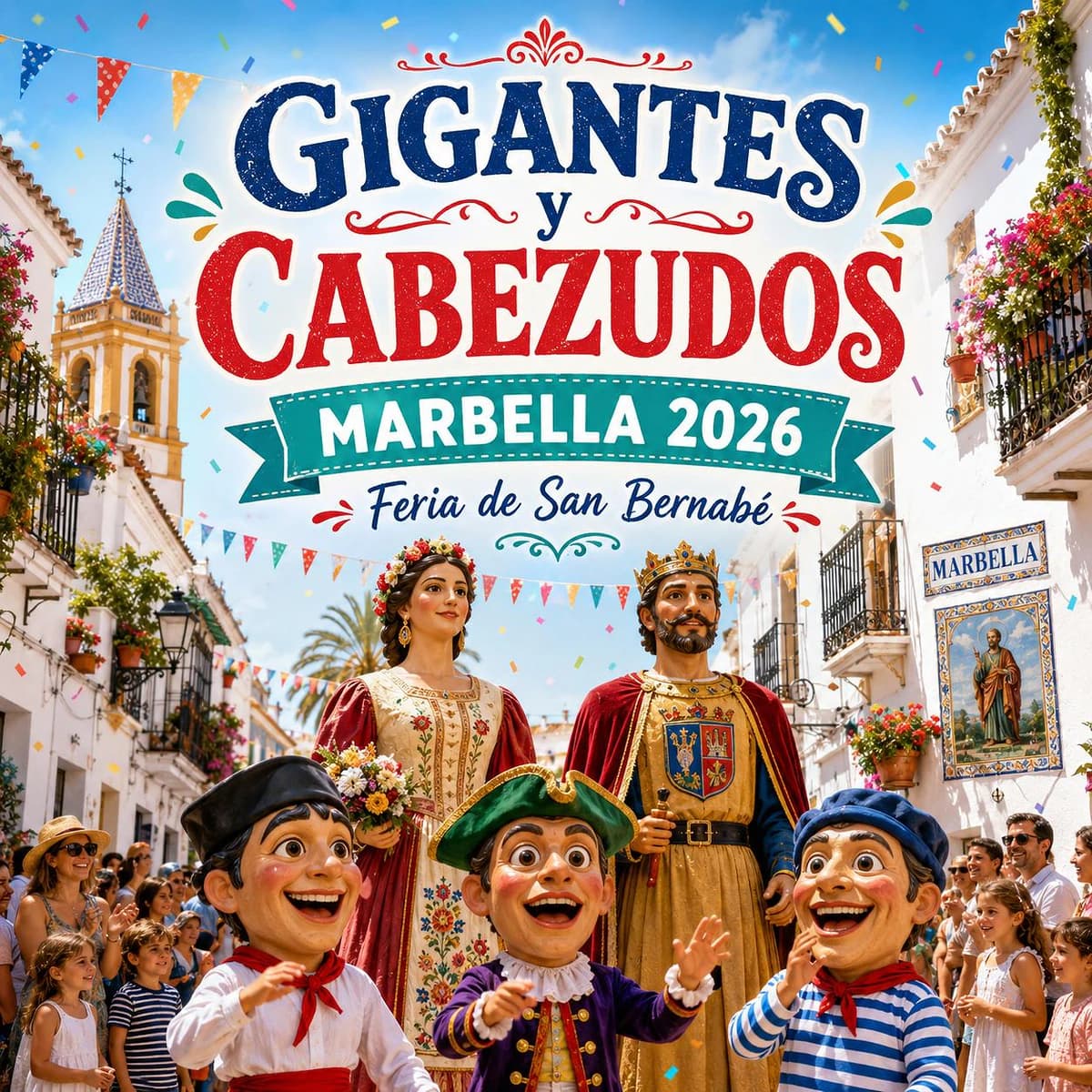 Cartel del Pasacalles de Gigantes y Cabezudos Marbella 2026, actividad familiar y tradicional en el centro histórico durante la Feria de San Bernabé.