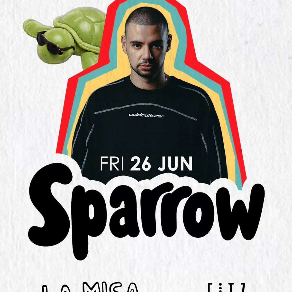 Poster for Sparrow x La Misa at FITZ Marbella, a +18 night event with a live music performance, club atmosphere and international crowd.