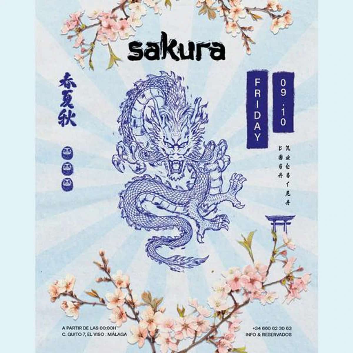 Cartel de SAKURA 09.10 con un dragón azul sobre fondo celeste, ramas de flores rosadas, el nombre «sakura» y la fecha «Friday 09.10».