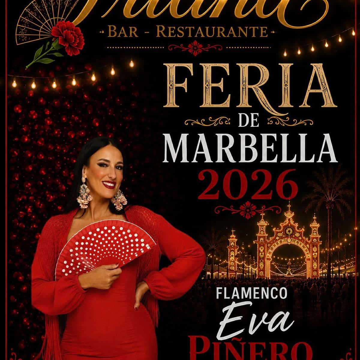 Cartel de Eva Piñero en Triana Bar Restaurante durante la Feria de Marbella 2026, actuación flamenca el 12 de junio a las 18:00 h.