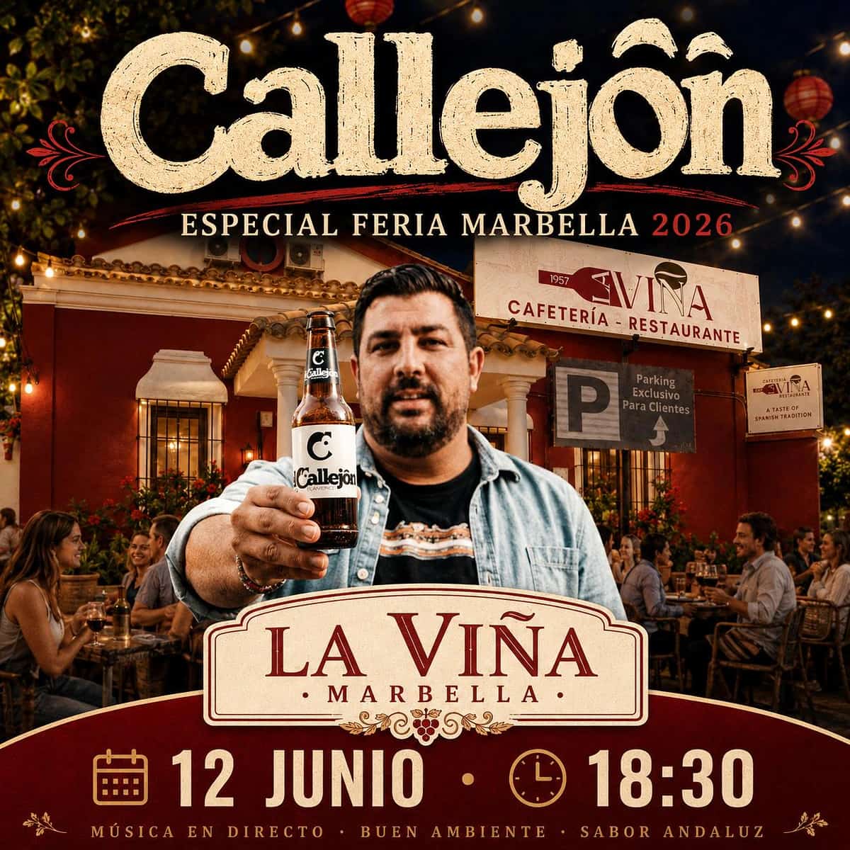 Cartel de Callejón en La Viña Marbella durante la Feria de San Bernabé 2026, tardeo con rumba y música en directo.