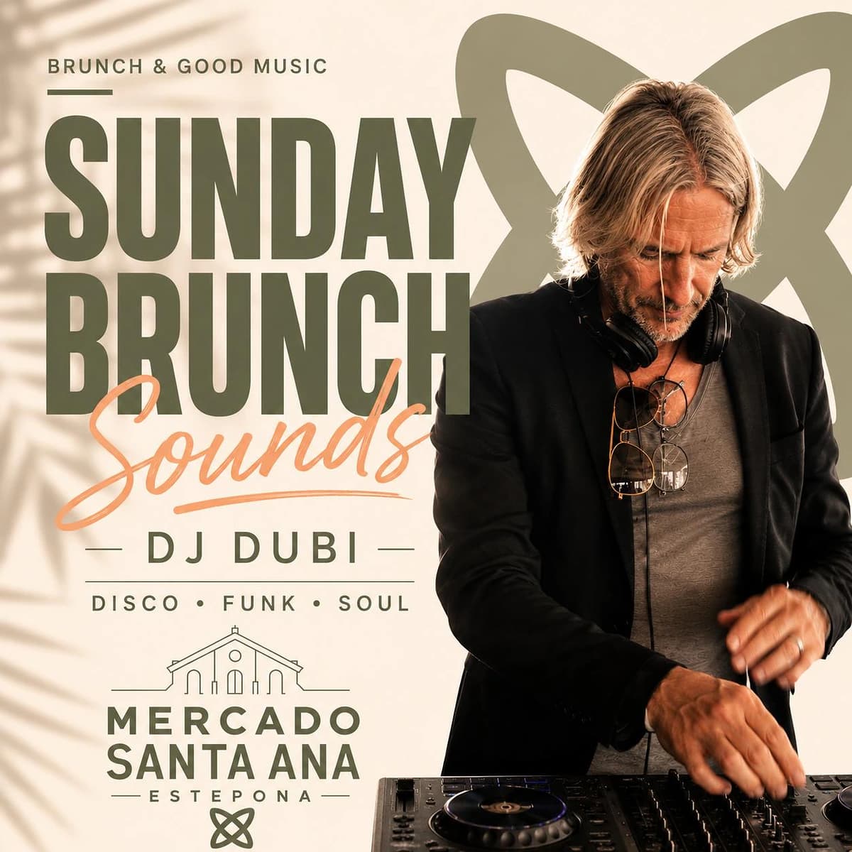 Cartel de Sunday Brunch Sounds con DJ Dubi en Mercado Santa Ana Estepona, brunch dominical con disco, funk y soul.