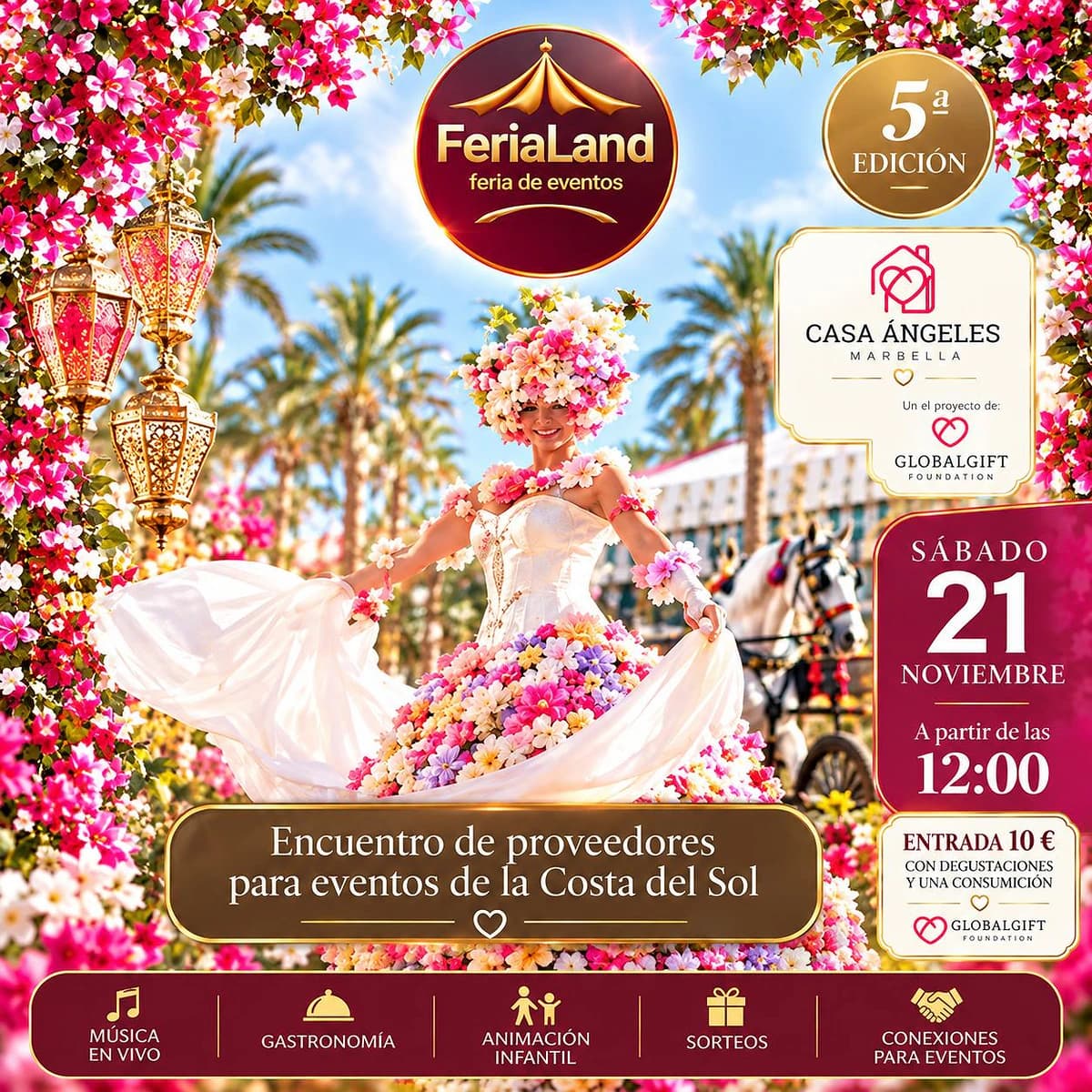 FeriaLand 5th Edition poster with a floral performer, colourful event décor, Casa Ángeles branding and the date 21 November from 12:00 PM.