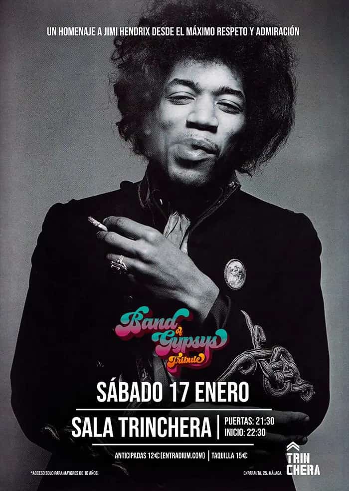 Concierto homenaje a Jimi Hendrix en Málaga con Band of Gypsys interpretando clásicos de rock psicodélico.