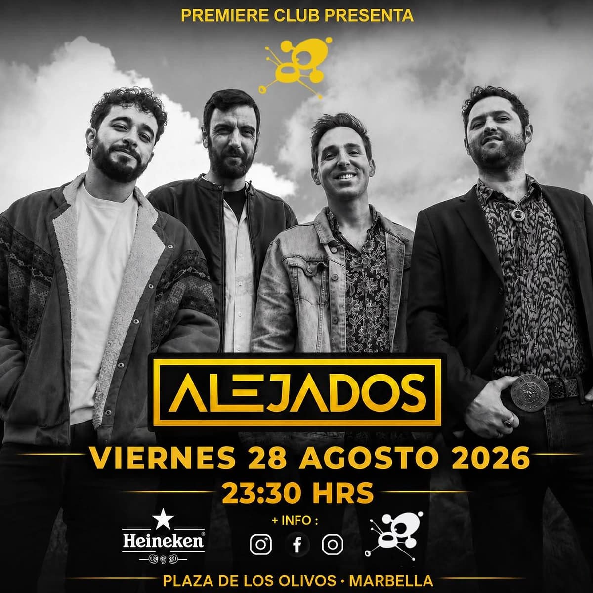 Poster for Alejados at Premiere Club showing the four band members in black and white beneath the band’s yellow logo. It announces the concert on Friday, August 28, 2026 at 11:30 pm in Plaza de los Olivos, Marbella.