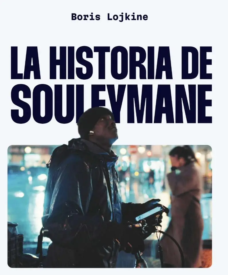 Cartel de la película “La historia de Souleymane” de Boris Lojkine, con el título en grande y la imagen de un repartidor en bici bajo la lluvia en París, junto a las fechas de proyección en Marbella IES Río Verde