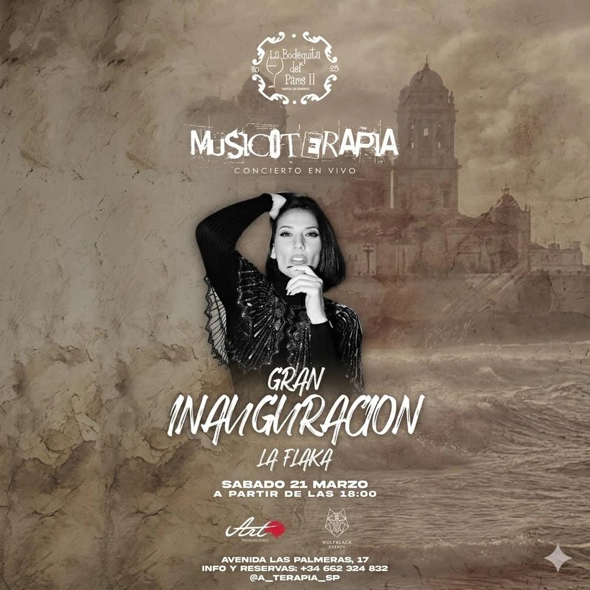 Cartel en tonos sepia de la gran inauguración de La Bodeguita del París II con concierto en vivo de La Flaka dentro del ciclo Musicoterapia, el sábado 21 de marzo a las 18:00 en San Pedro Alcántara.