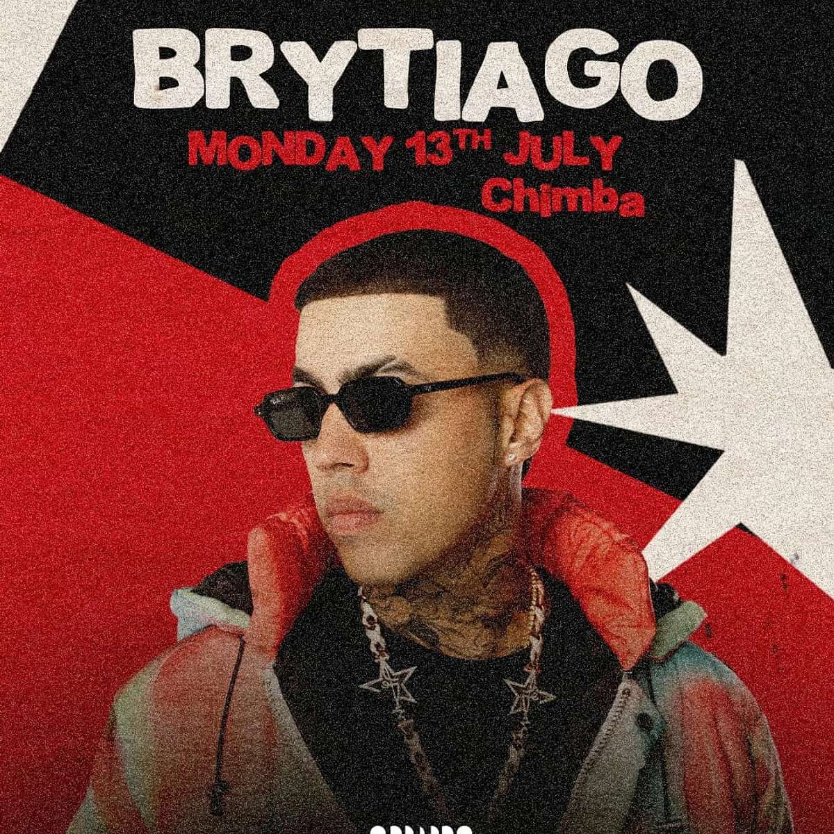 Cartel de Brytiago en FITZ Marbella para el lunes 13 de julio, con diseño rojo y negro, retrato del artista, claim “Chimba” y estética de club latino.