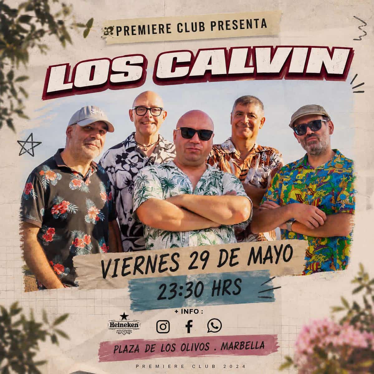 Cartel promocional de Los Calvin en Premiere Club Marbella con cinco miembros de la banda posando al aire libre, diseño en tonos cálidos y texto con la fecha del concierto, viernes 29 de mayo a las 23:30 h en Plaza de los Olivos.