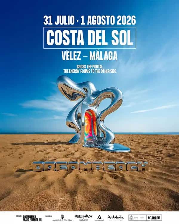 El cartel del evento Dreambeach Costa del Sol 2026 muestra gráficos vibrantes del festival con las fechas 31 de julio-1 de agosto, destacando la ubicación junto a la playa.