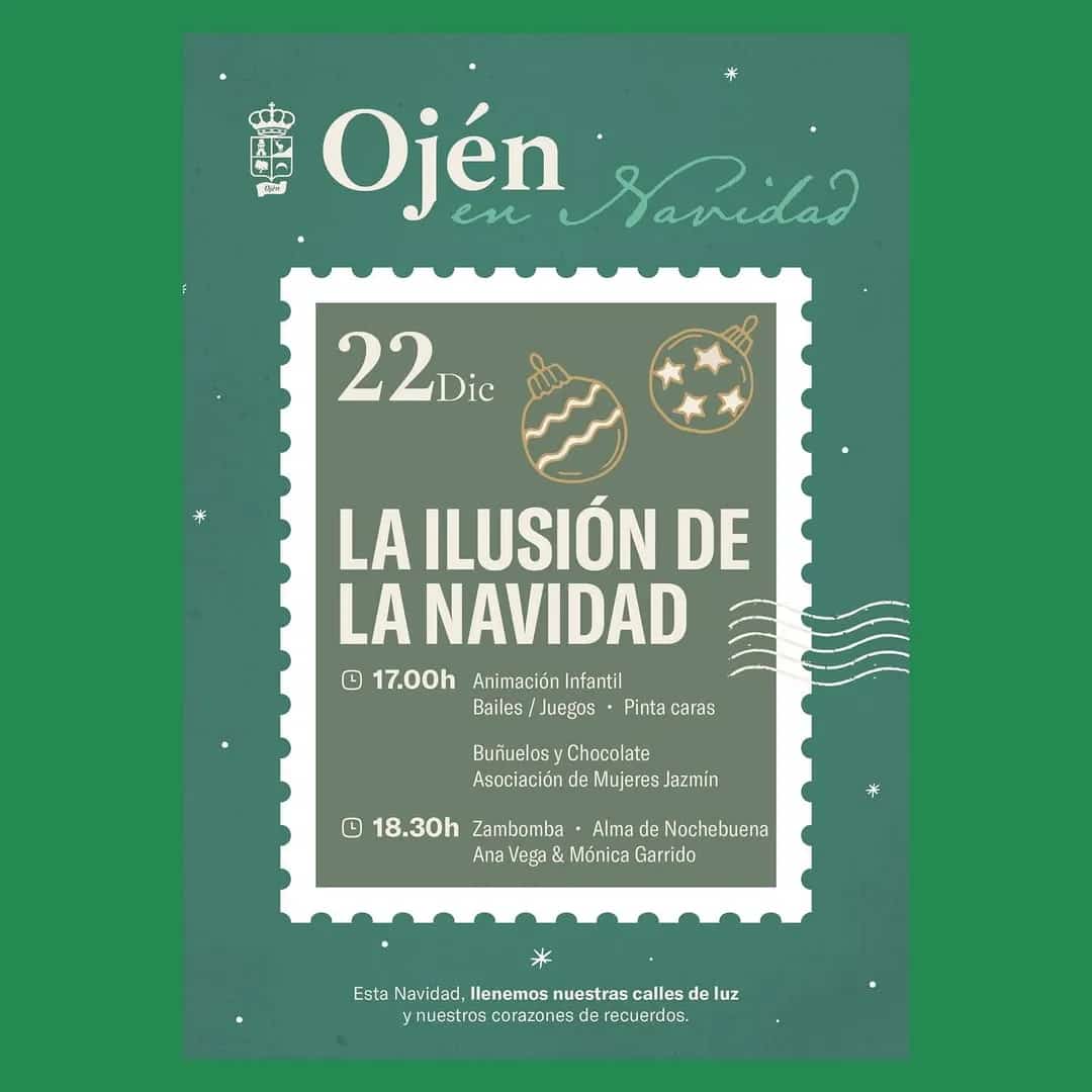 Cartel del evento 'La Ilusión de la Navidad en Ojén' con Elfas de Navidad, churros y presentaciones festivas. Evento el 22 de diciembre en Ojén.