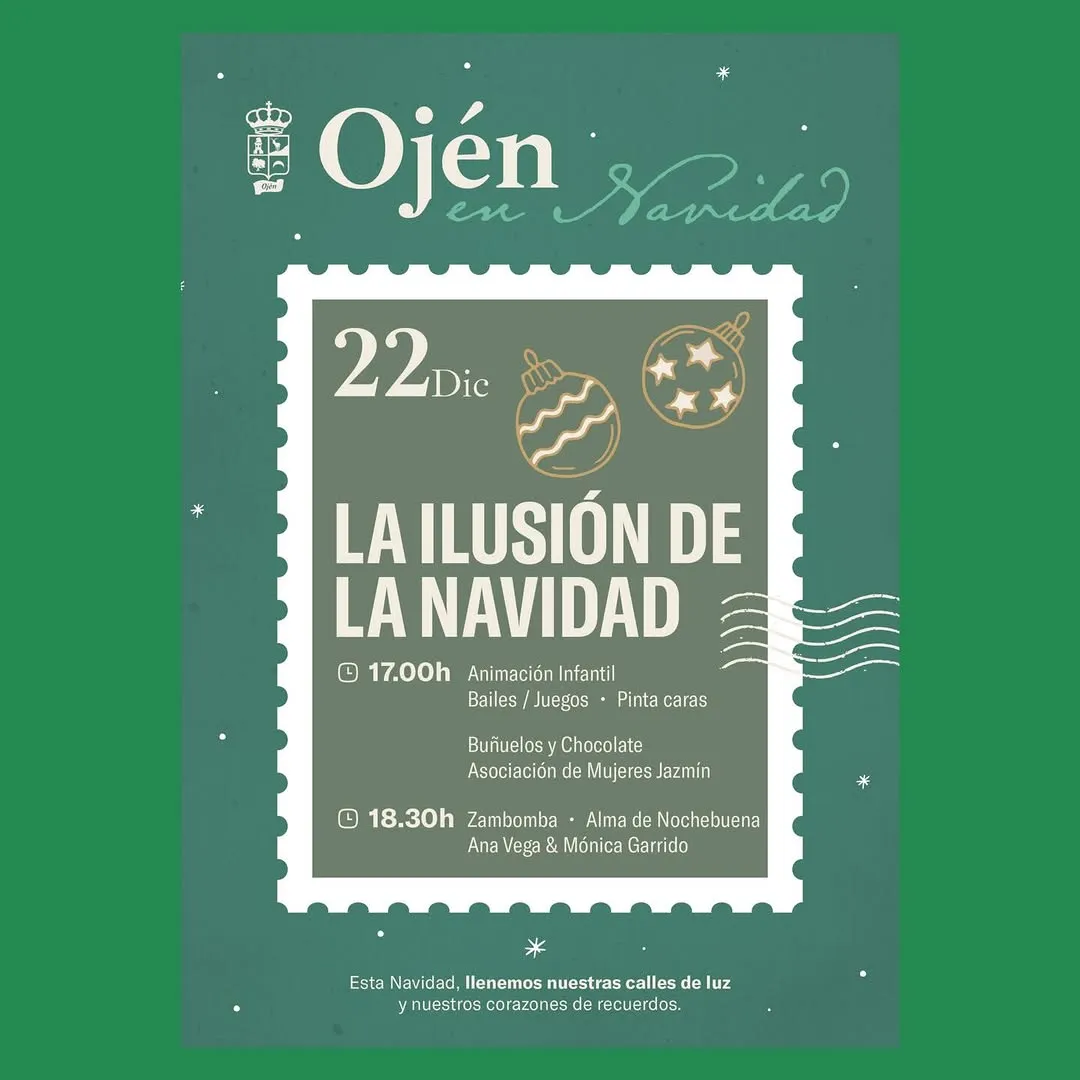 Cartel del evento 'La Ilusión de la Navidad en Ojén' con Elfas de Navidad, churros y presentaciones festivas. Evento el 22 de diciembre en Ojén.