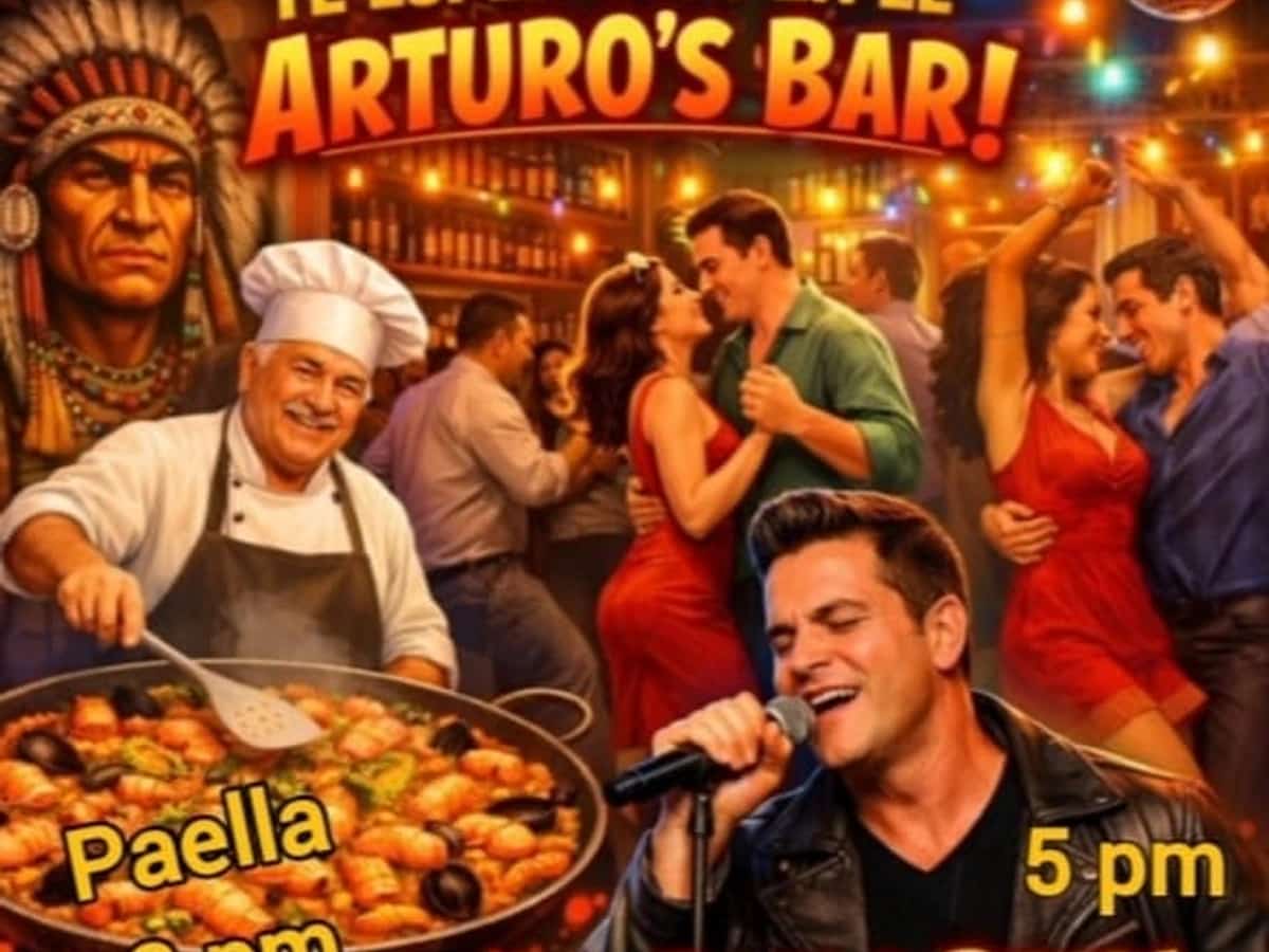 Poster promoting an event at Arturo’s Bar featuring paella at 3 PM and a live performance by singer Pablo Petri, festive atmosphere with live music and dancing.