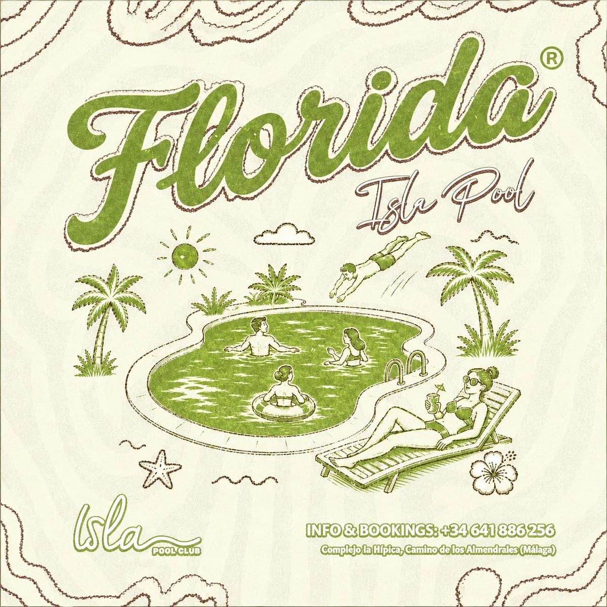 Cartel de Florida en Isla Pool Club con ilustración retro verde de una piscina rodeada de palmeras, bañistas, una mujer en hamaca y estética tropical.
