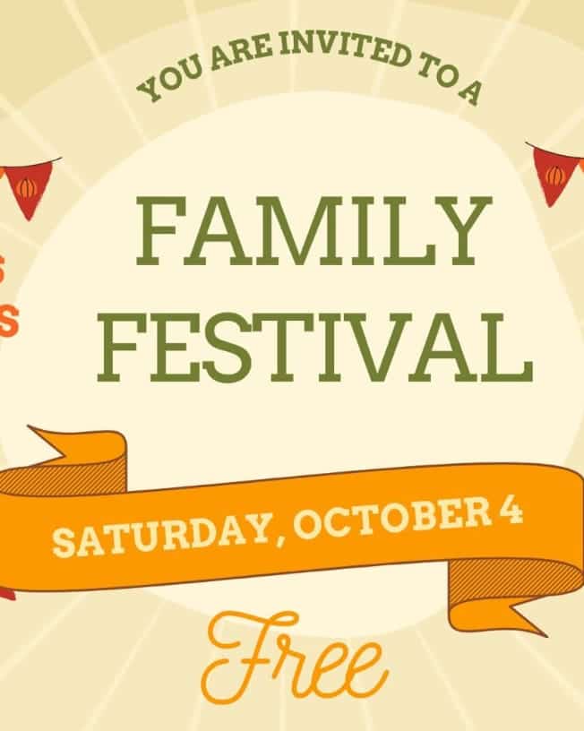Cartel en tonos beige y naranja con banderines y texto “Family Festival”