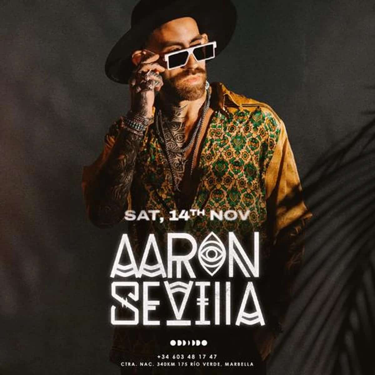 Aaron Sevilla poster for FITZ Marbella on Saturday 14 November: portrait of the DJ in a hat and white sunglasses, with his name in large letters and the date across his shirt.