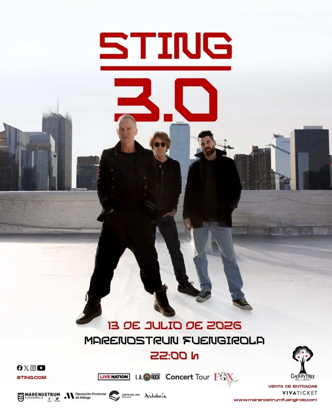 Sting performing live during the Sting 3.0 Tour 2026, singing and playing bass on stage in an intimate concert setting.