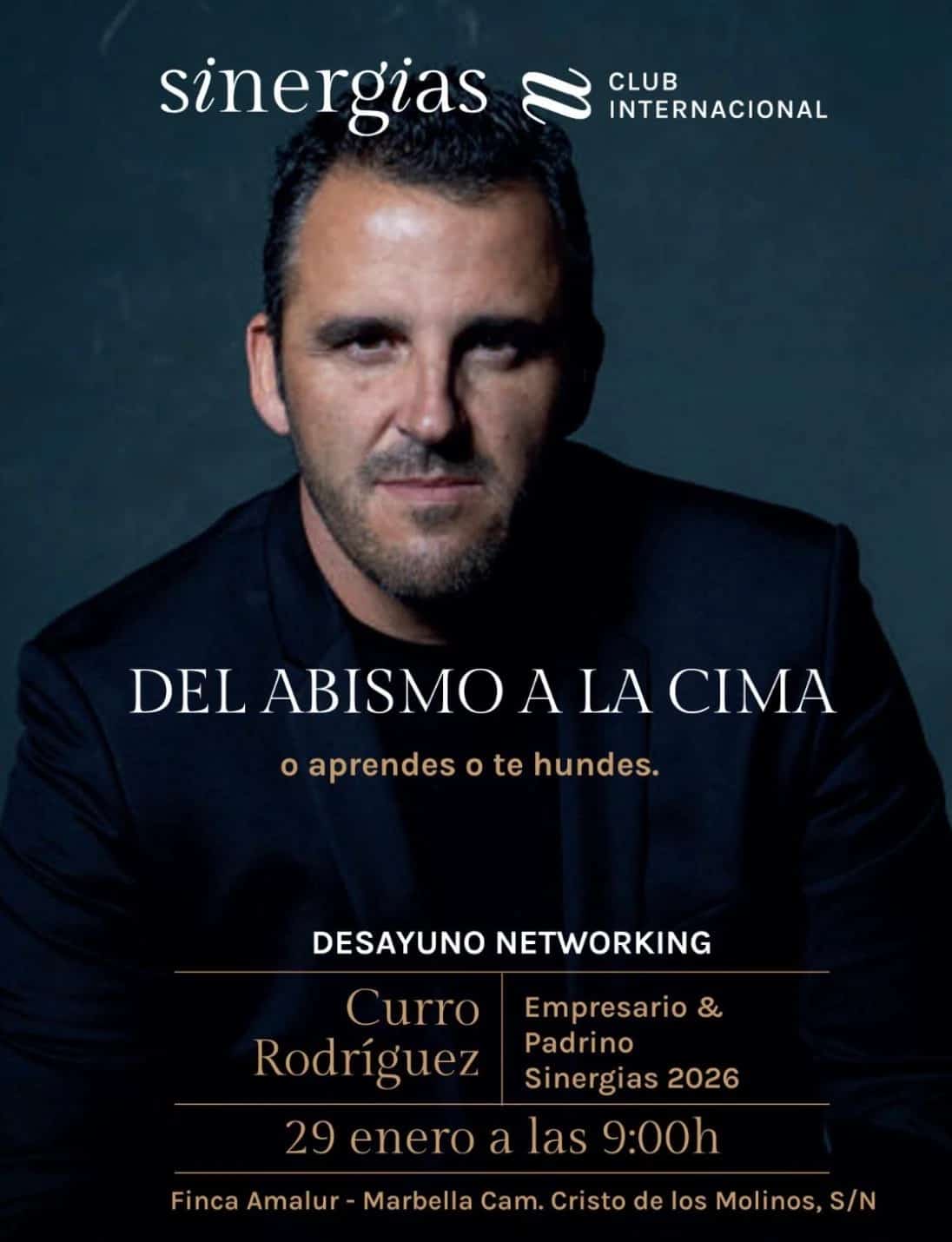 Curro Rodríguez en Desayuno Networking Sinergias Marbella, evento empresarial “Del abismo a la cima”, charla sobre resiliencia, liderazgo y crecimiento profesional en Finca Amalur.