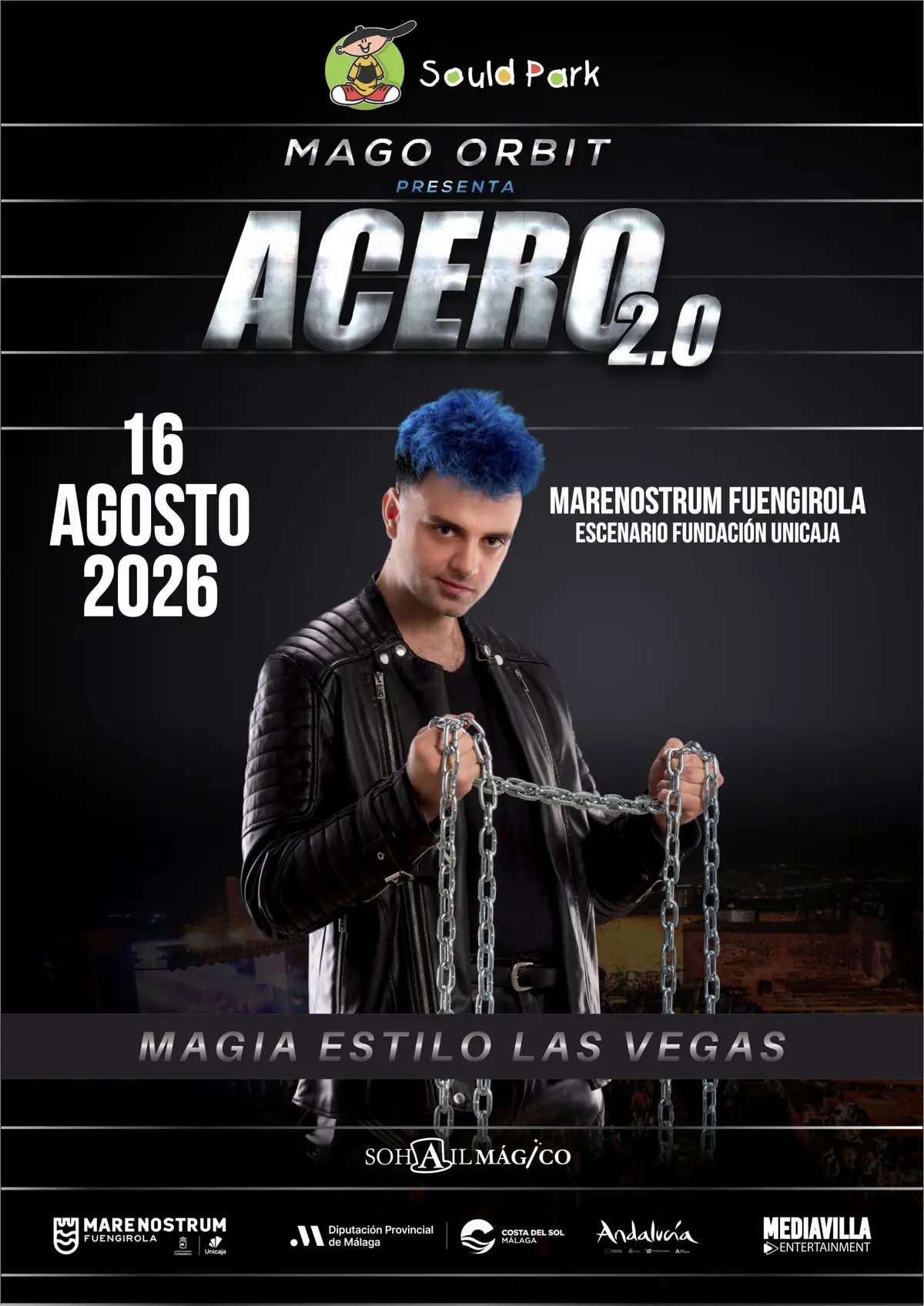 Mago Orbit realizando un espectáculo de magia con iluminación dramática