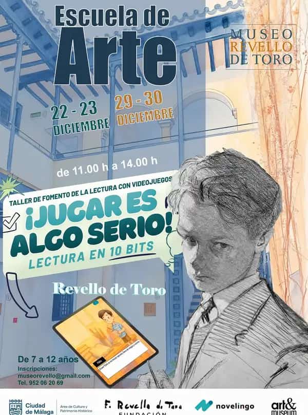 Imagen del cartel para el evento de la Escuela de Arte de Navidad en el Museo Revello de Toro en Málaga, mostrando juegos interactivos, sesiones de lectura y actividades artísticas para edades 7-12, que ocurrirá el 22-23 y 29-30 de diciembre de 2023.