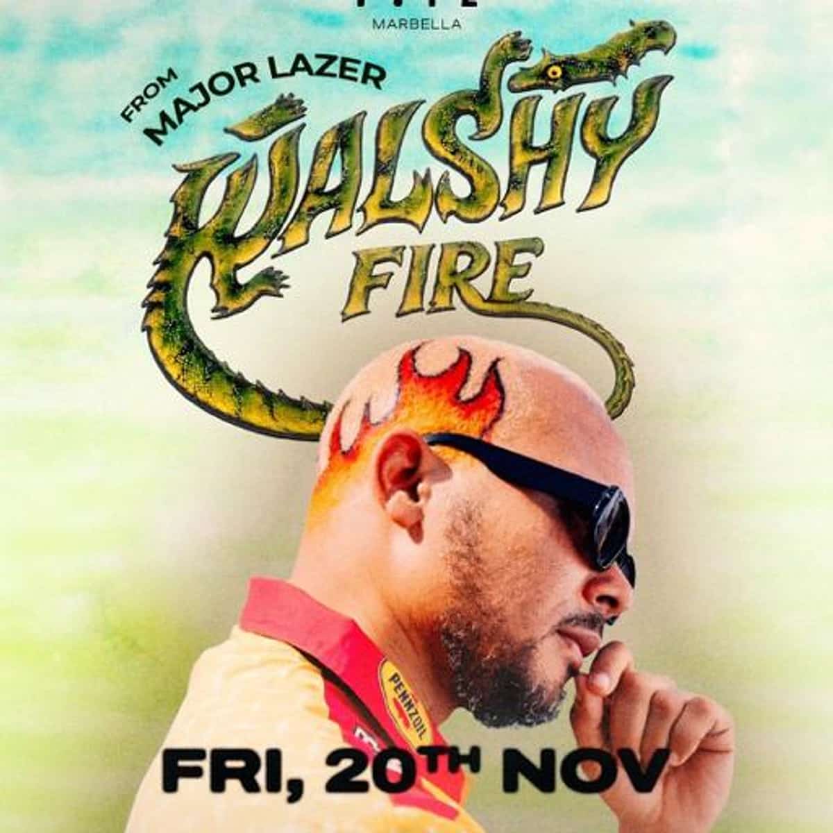 Cartel de Walshy Fire x FITZ del 20 de noviembre, con retrato del DJ con gafas oscuras, letras verdes de su nombre y la fecha sobre fondo claro.