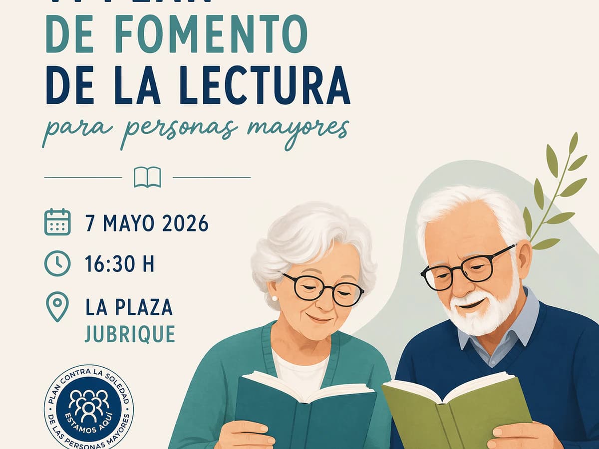 Poster for the 6th Reading Promotion Plan for seniors in Jubrique featuring a book illustration and elderly people reading.