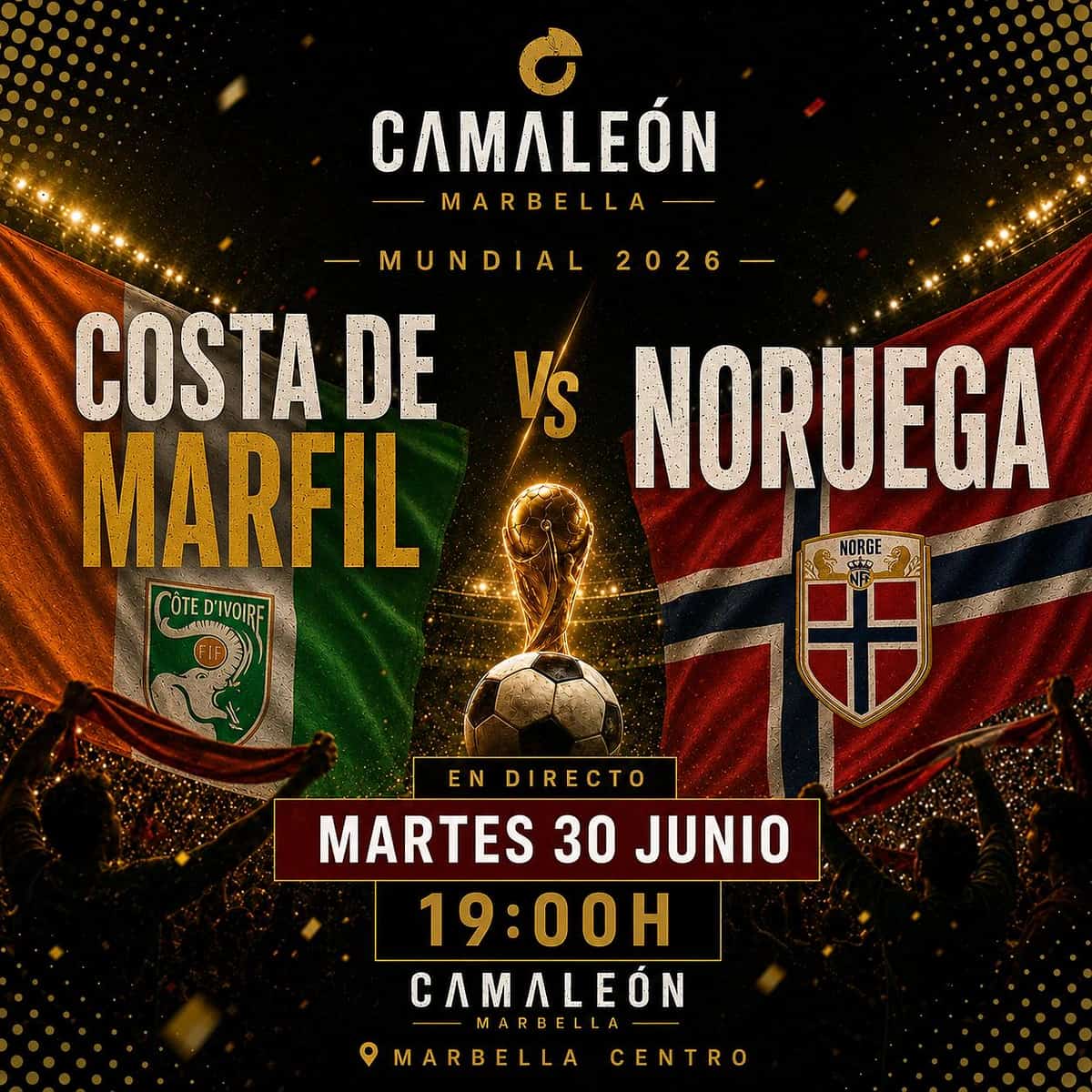 Cartel de retransmisión en directo de Costa de Marfil vs Noruega en el Mundial 2026 con ambiente de fútbol internacional y plan de tarde en Marbella centro.