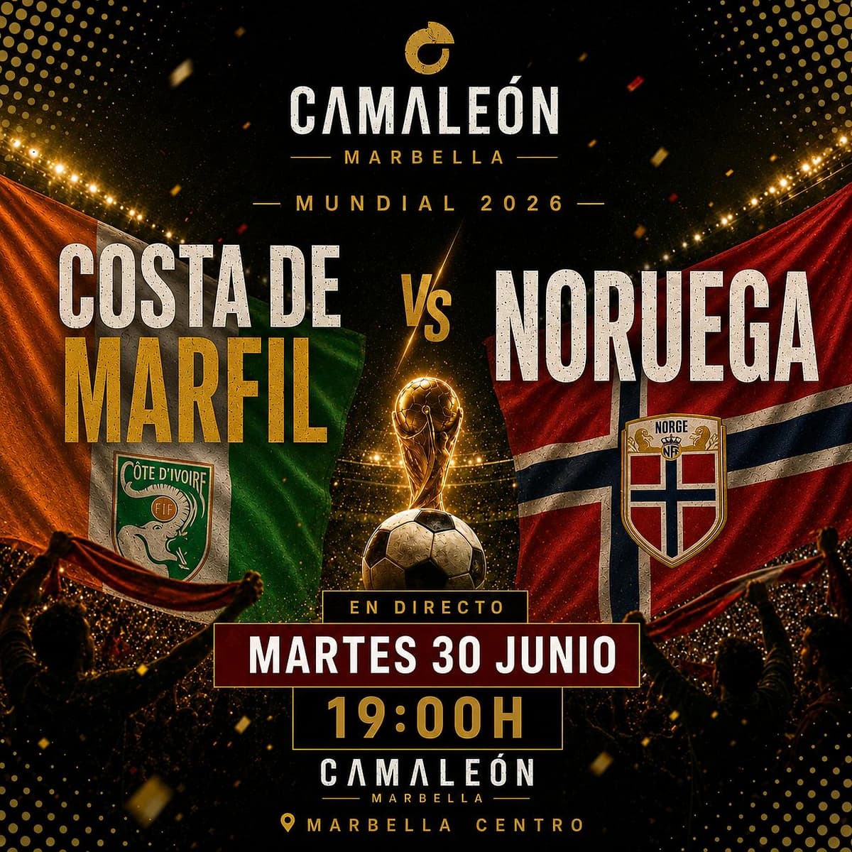 Cartel de retransmisión en directo de Costa de Marfil vs Noruega en el Mundial 2026 con ambiente de fútbol internacional y plan de tarde en Marbella centro.