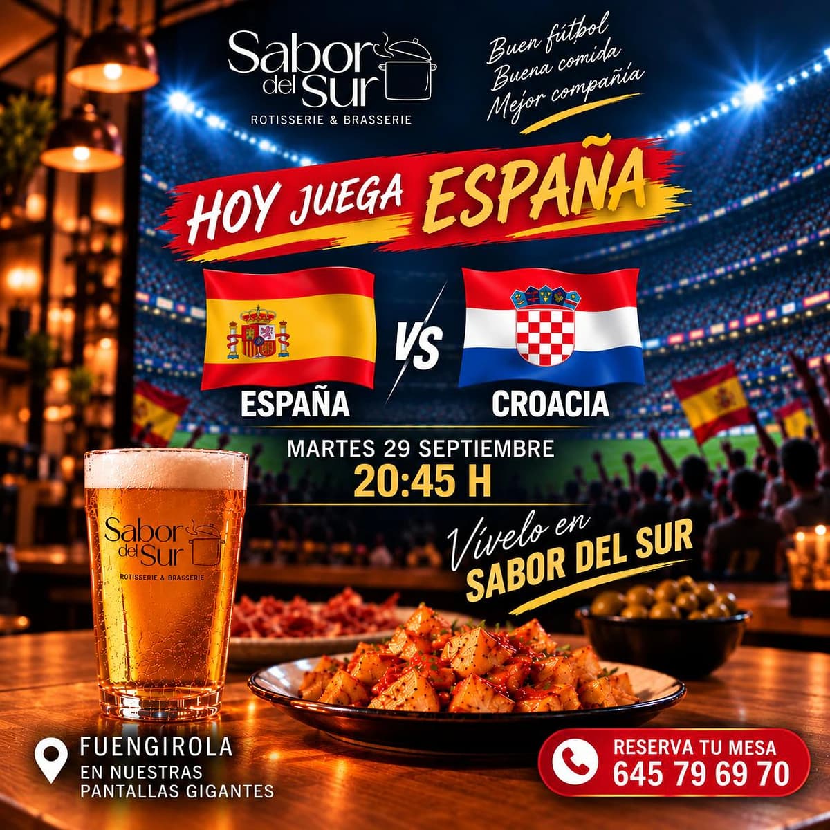 Cartel del partido España contra Croacia de la Nations League para verlo durante la cena en Sabor del Sur, en el centro de Fuengirola.