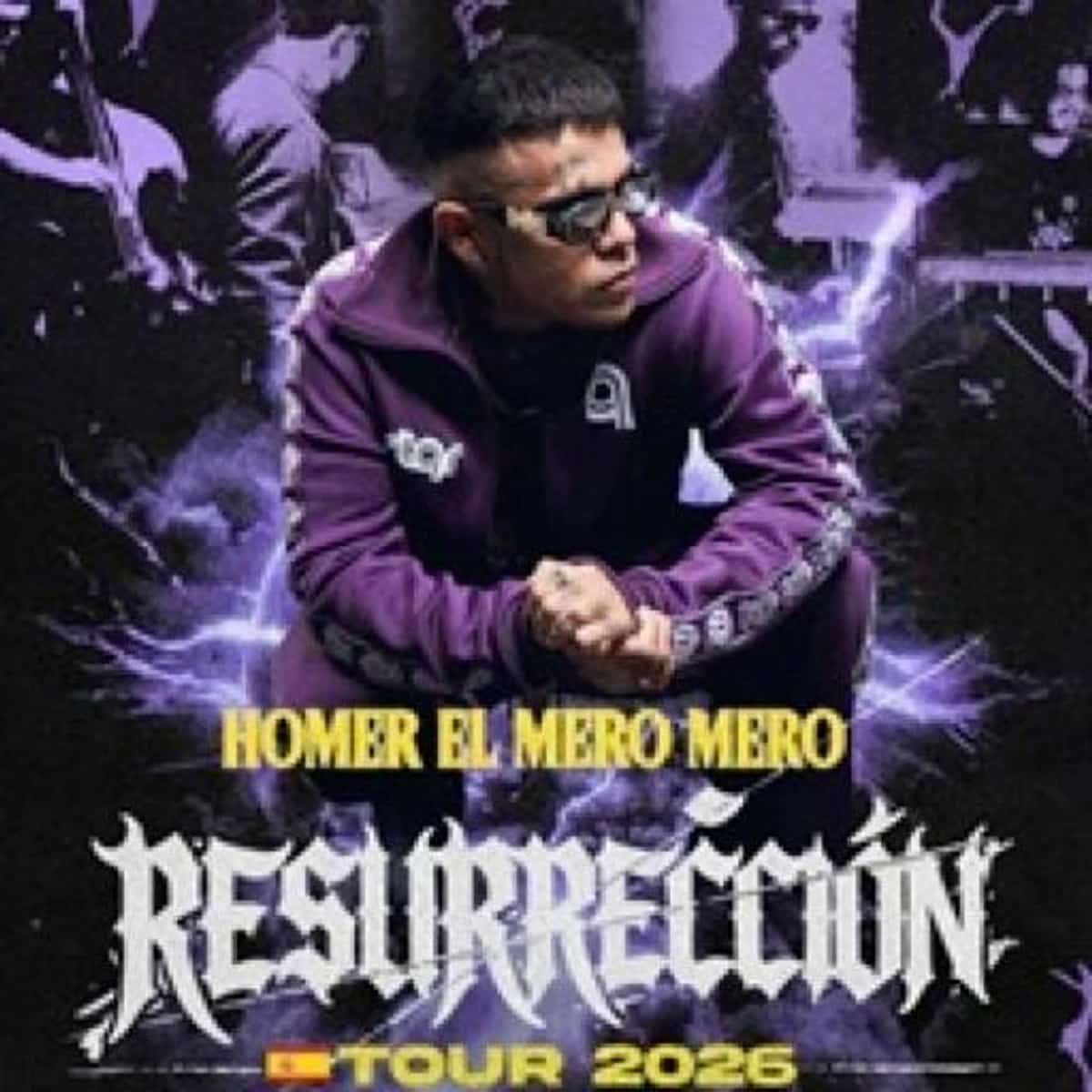 Homer El Mero Mero con sudadera morada sobre un fondo oscuro con destellos violetas; el cartel muestra «Resurrección Tour 2026».