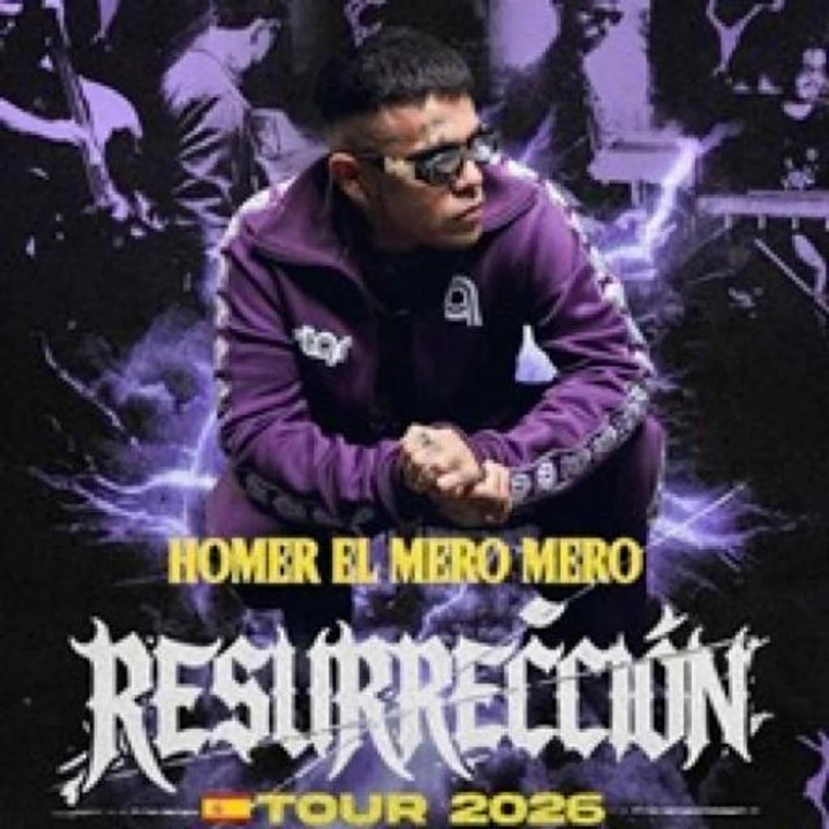 Homer El Mero Mero con sudadera morada sobre un fondo oscuro con destellos violetas; el cartel muestra «Resurrección Tour 2026».