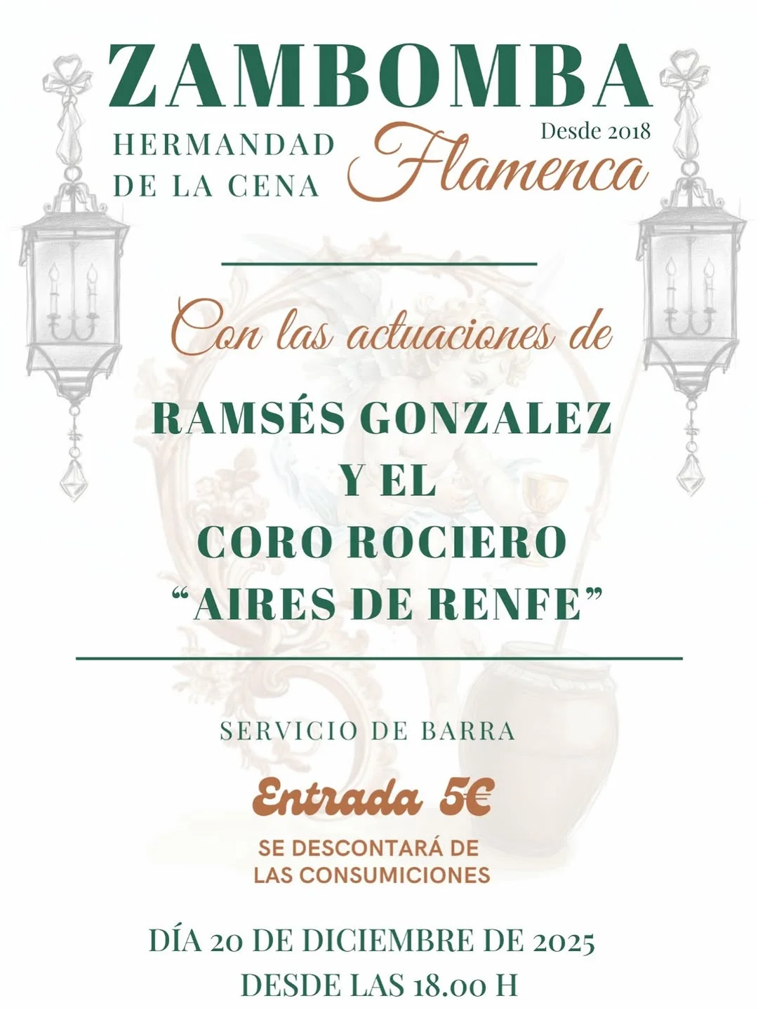 Cartel del evento con Ramsés González y Aires de Renfe: Evento navideño el 20 de diciembre en Casa Hermandad con decoraciones festivas y servicio de barra.