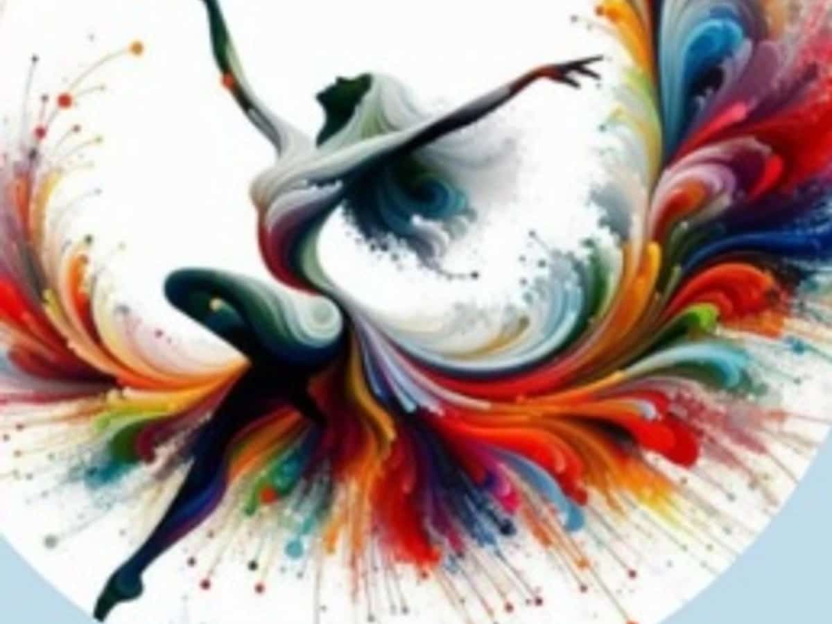 Cartel informativo taller Movimiento con Sentido: Escucha tu Cuerpo con ilustración artística de bailarina en movimiento con colores vibrantes, fecha 20 febrero 17-19h, Salón de Actos Ayuntamiento, organizado por Concejalía de Igualdad