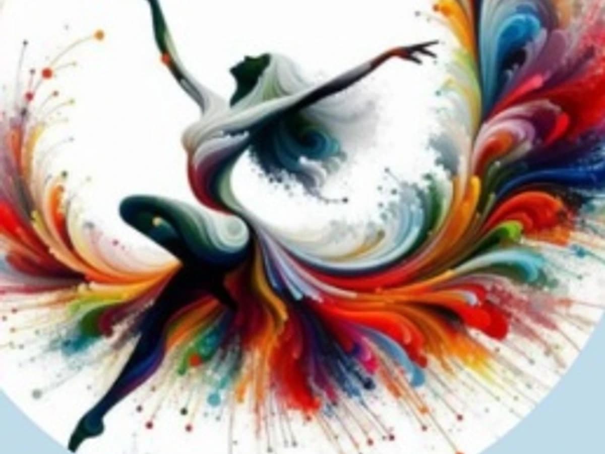 Cartel informativo taller Movimiento con Sentido: Escucha tu Cuerpo con ilustración artística de bailarina en movimiento con colores vibrantes, fecha 20 febrero 17-19h, Salón de Actos Ayuntamiento, organizado por Concejalía de Igualdad