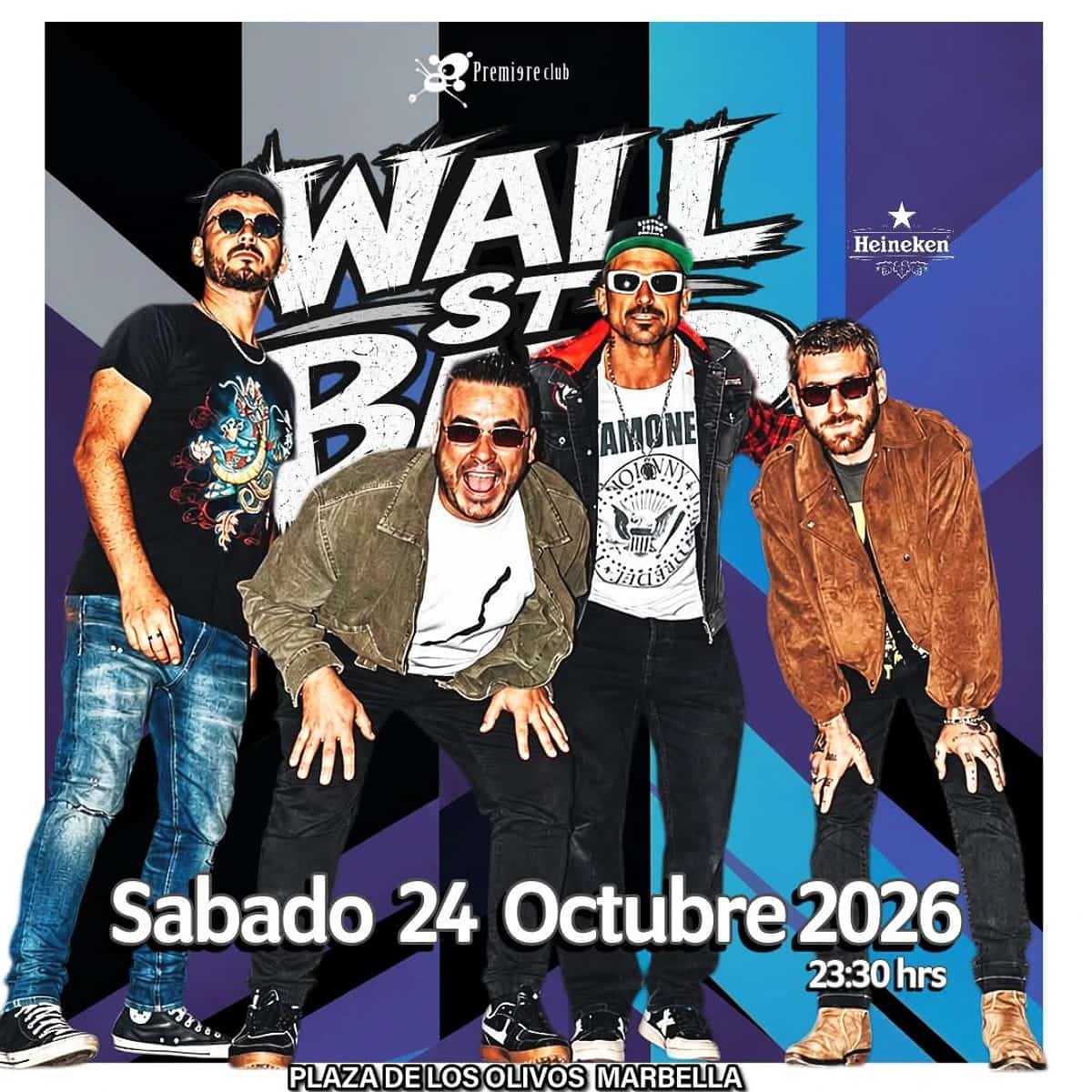 Cuatro miembros de Wall Street Band posan ante un fondo geométrico azul, violeta, negro y blanco; el cartel anuncia el sábado 24 de octubre de 2026 a las 23:30 h.