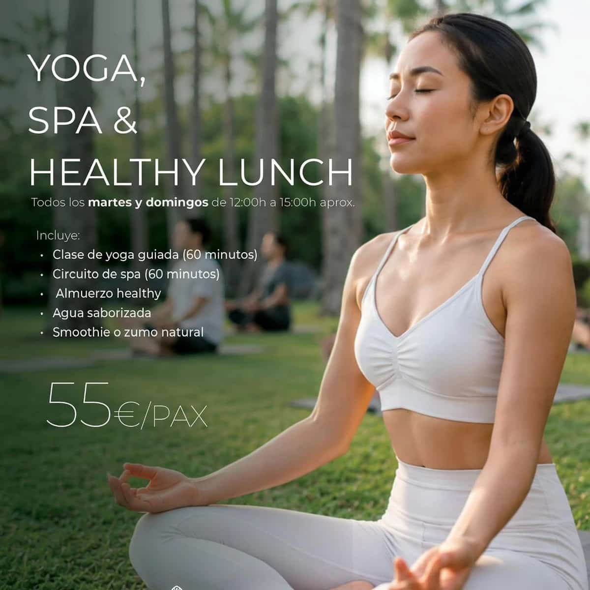 Cartel de Experiencias Wellness en Attitude Pool Club & Restaurant, con mujer practicando yoga en un jardín, clase de yoga, circuito de spa y almuerzo healthy en Estepona.