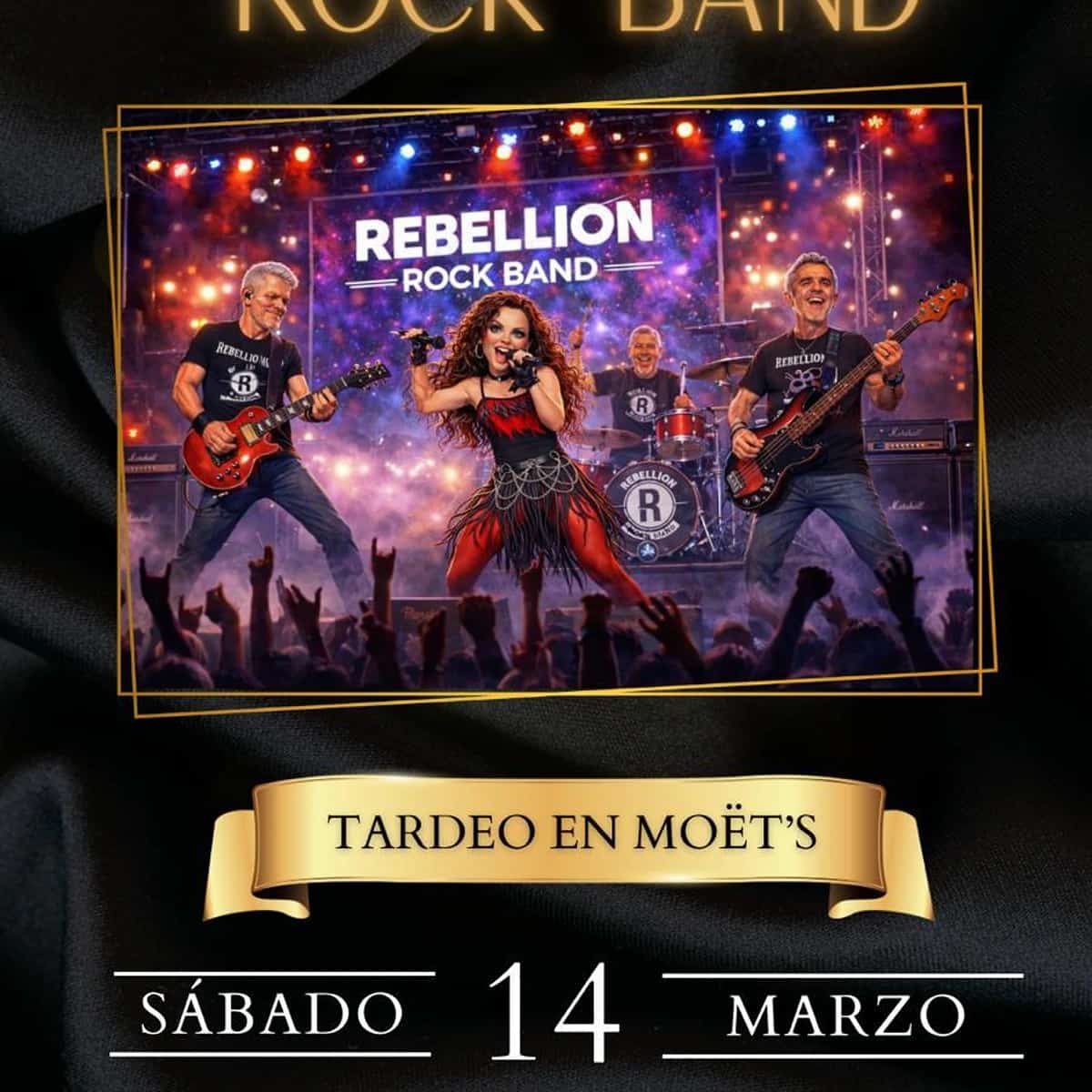 Rebellion Rock Band en concierto en Moët’s Café Lounge Marbella el 14 de marzo a las 18:00, tardeo de rock en el centro histórico.