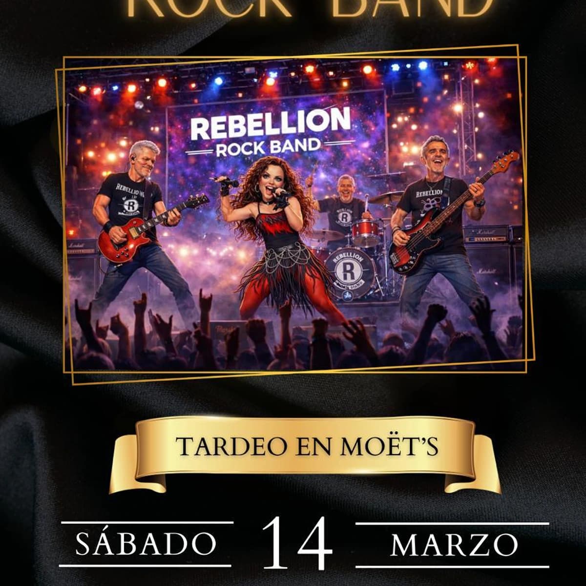 Rebellion Rock Band en concierto en Moët’s Café Lounge Marbella el 14 de marzo a las 18:00, tardeo de rock en el centro histórico.