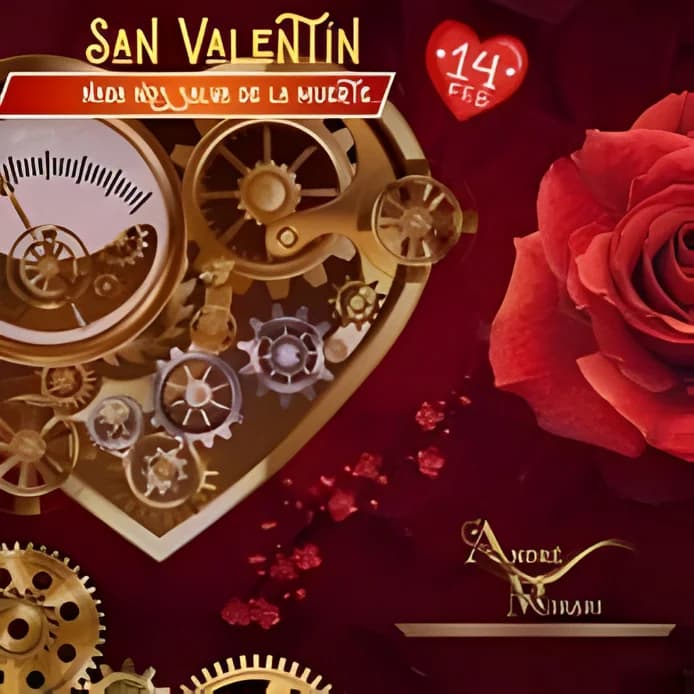 Cartel del evento especial de San Valentín en Sala Mirari Málaga, con diseño romántico en tonos rojos, corazón mecánico y rosa, anunciando la celebración del 14 de febrero.