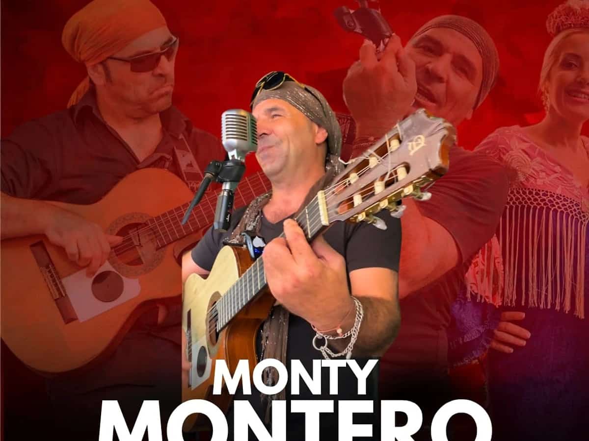 Cartel rojo de Feria Marbella 2026 en Camaleón con Monty Montero tocando la guitarra y anuncio del concierto el miércoles 10 desde las 16:30h.