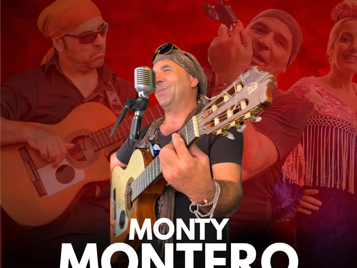 Cartel rojo de Feria Marbella 2026 en Camaleón con Monty Montero tocando la guitarra y anuncio del concierto el miércoles 10 desde las 16:30h.