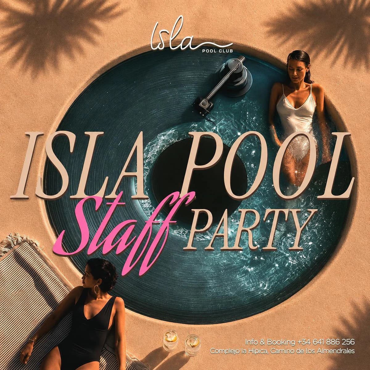 Cartel de Staff Party en Isla Pool Club con piscina circular vista desde arriba, dos mujeres junto al agua y diseño en tonos arena, azul oscuro y rosa.