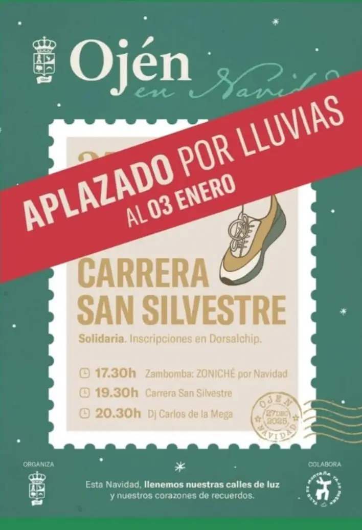 Cartel verde de “Ojén en Navidad” con diseño de sello postal: en el centro se ve una pierna con zapatilla de correr y el texto “27 Dic · Carrera San Silvestre Solidaria. Inscripciones en Dorsalchip. 19:30 h · Ojén”, junto a un matasellos circular con la leyenda “Ojén Navidad 27 Dic 2025”.