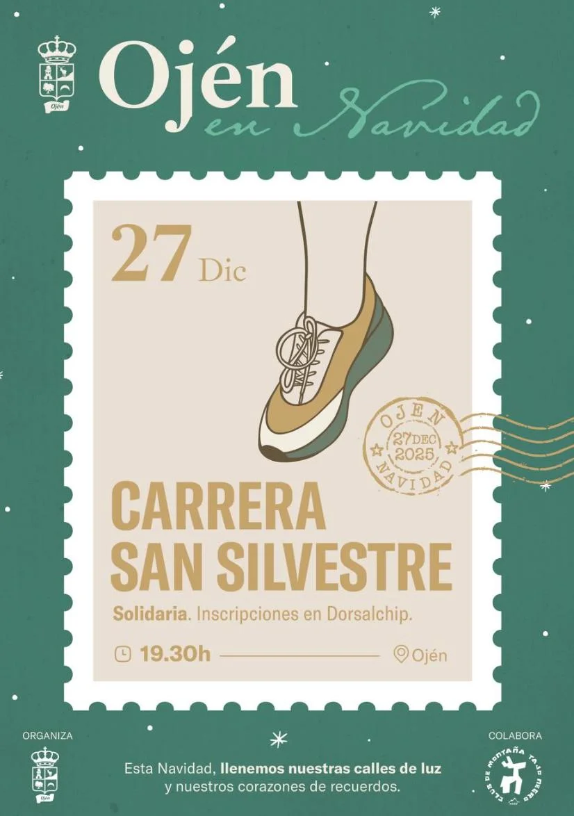 Cartel verde de “Ojén en Navidad” con diseño de sello postal: en el centro se ve una pierna con zapatilla de correr y el texto “27 Dic · Carrera San Silvestre Solidaria. Inscripciones en Dorsalchip. 19:30 h · Ojén”, junto a un matasellos circular con la leyenda “Ojén Navidad 27 Dic 2025”.