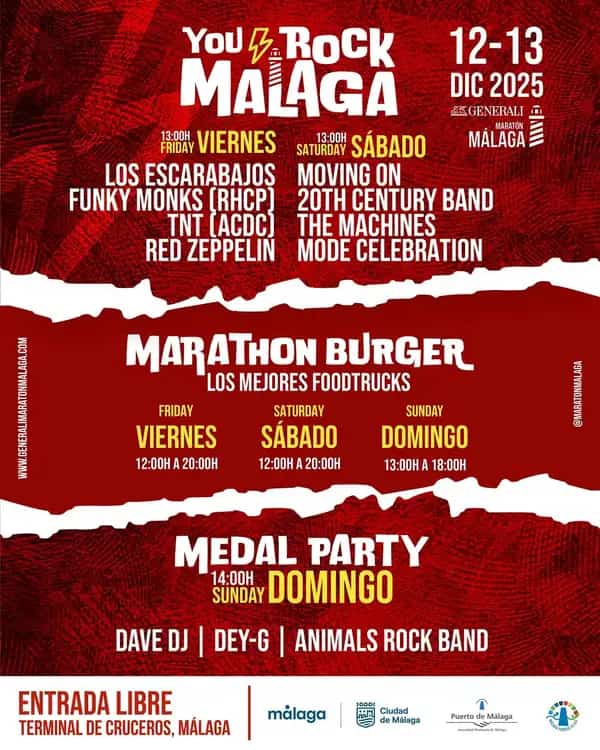 Cartel de You Rock Málaga 2025 con los nombres de las bandas, fechas (12-14 Dic) y ubicación en el Puerto de Málaga. Incluye destacado de entrada gratuita y comida callejera.