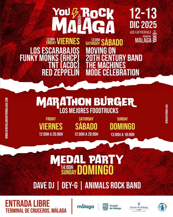 Cartel de You Rock Málaga 2025 con los nombres de las bandas, fechas (12-14 Dic) y ubicación en el Puerto de Málaga. Incluye destacado de entrada gratuita y comida callejera.