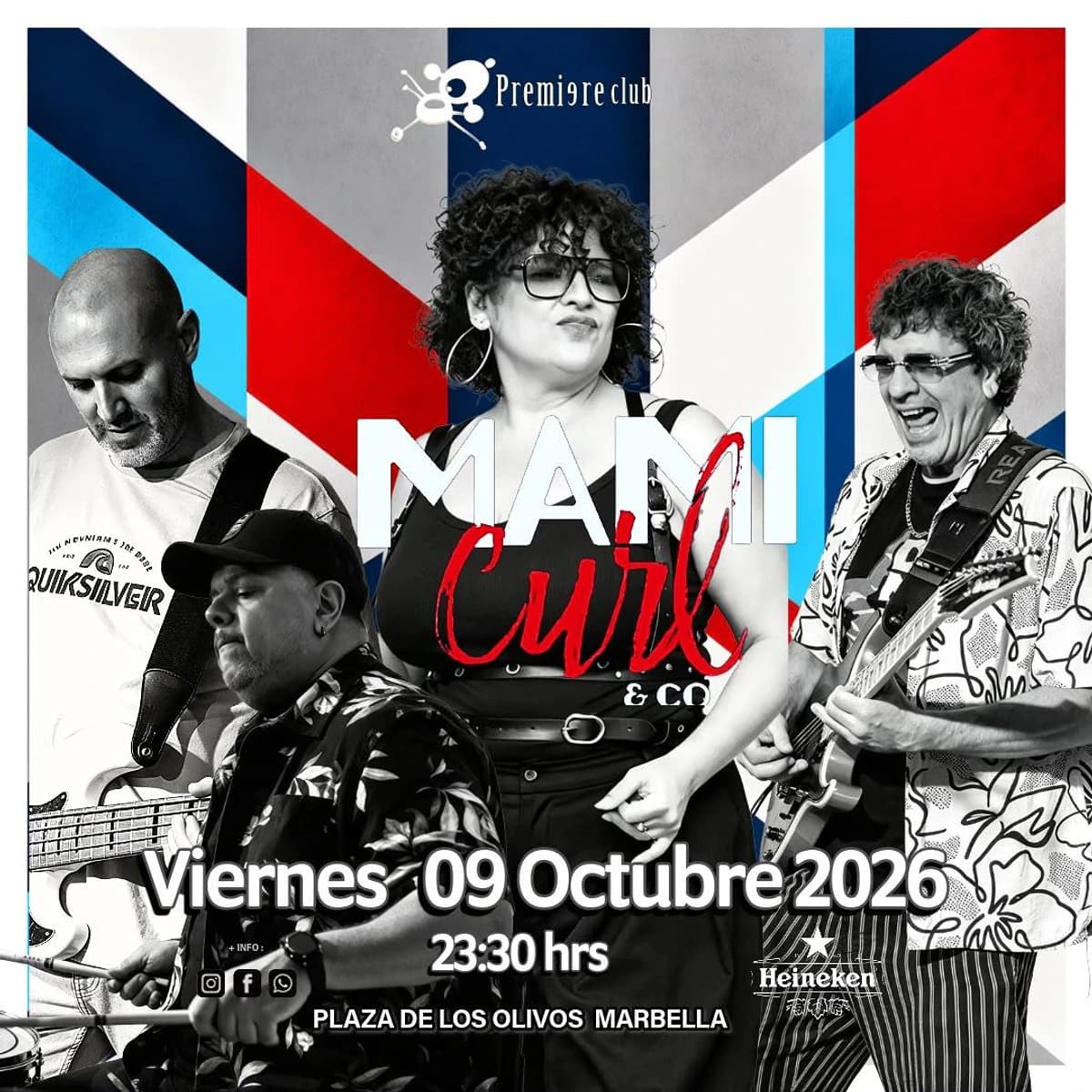 Cuatro integrantes de Mami Curl & Co posan sobre un fondo geométrico rojo, azul, negro y blanco, con vocalista femenina al centro y músicos con guitarra, bajo y batería.