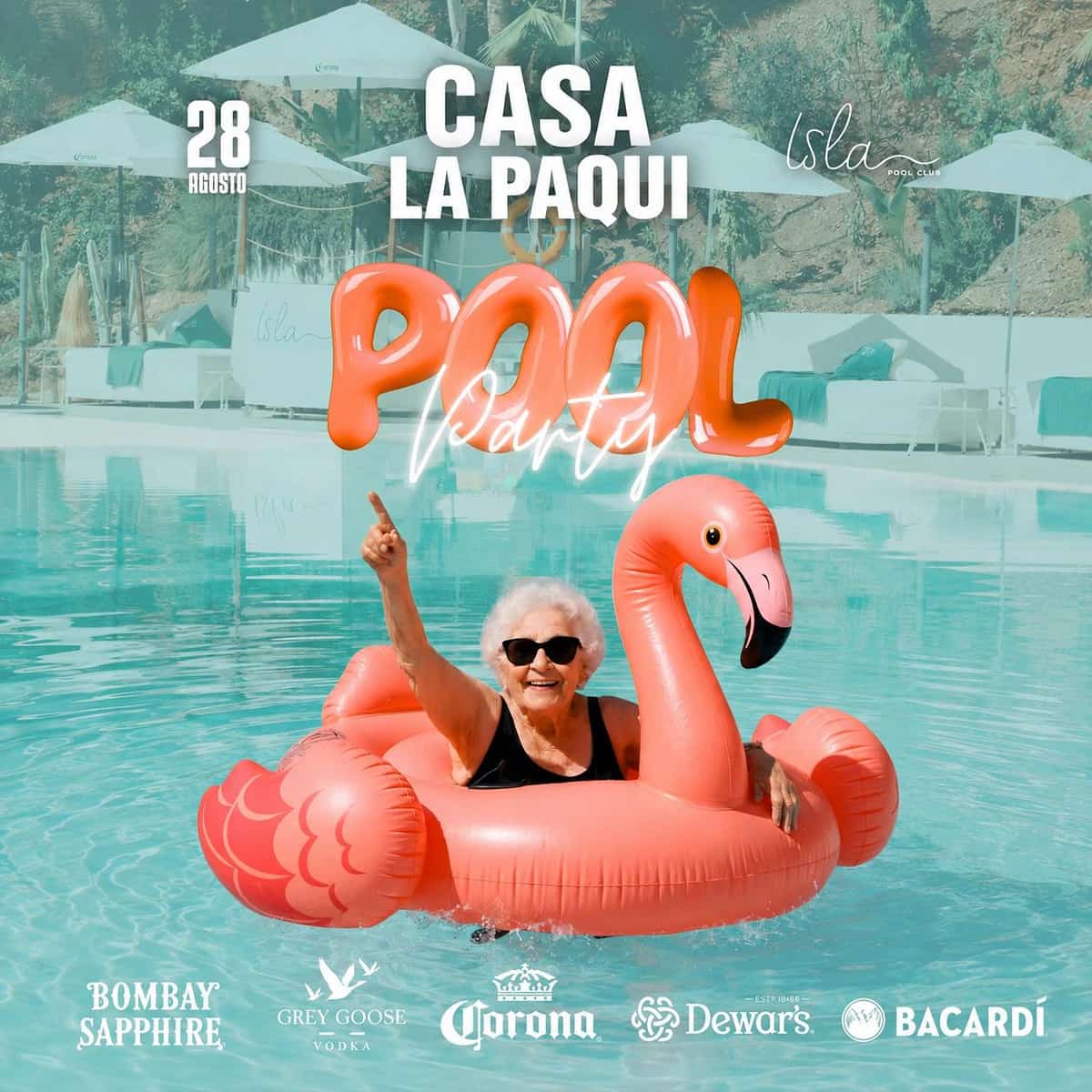 Cartel de Casa Paqui Pool Party en Isla Pool Club con una mujer sobre un flotador de flamenco rosa en la piscina y fecha 28 de agosto.