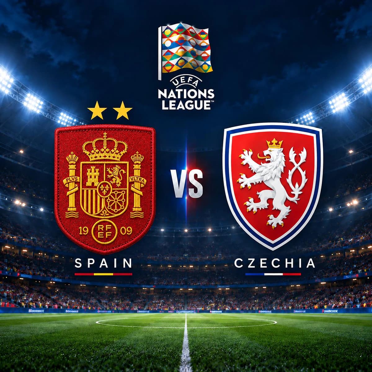 Cartel de España vs Chequia en la UEFA Nations League, con los escudos de ambas selecciones enfrentados sobre un fondo de estadio de fútbol.